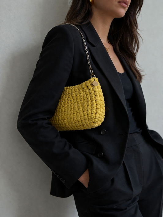 handgemachte Häkeltasche in gelb kombiniert mit schwarzem Outfit – elegante Schultertasche