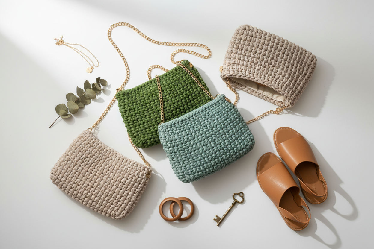 stilvolle handgemachte Häkeltaschen – nachhaltige Baumwolltaschen in verschiedenen Farben und Größen